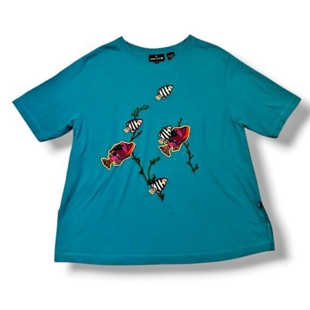 Vintage Carole Little Knit Top Applique Tropical Fish Beading Artsy Colorful 2X